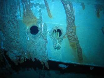 Scuttles visible on inverted port bow section